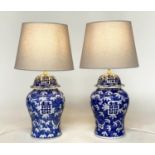 TABLE LAMPS, a pair, large Chinese blue and white ceramic of lidded ginger jar form with script