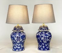 TABLE LAMPS, a pair, large Chinese blue and white ceramic of lidded ginger jar form with script