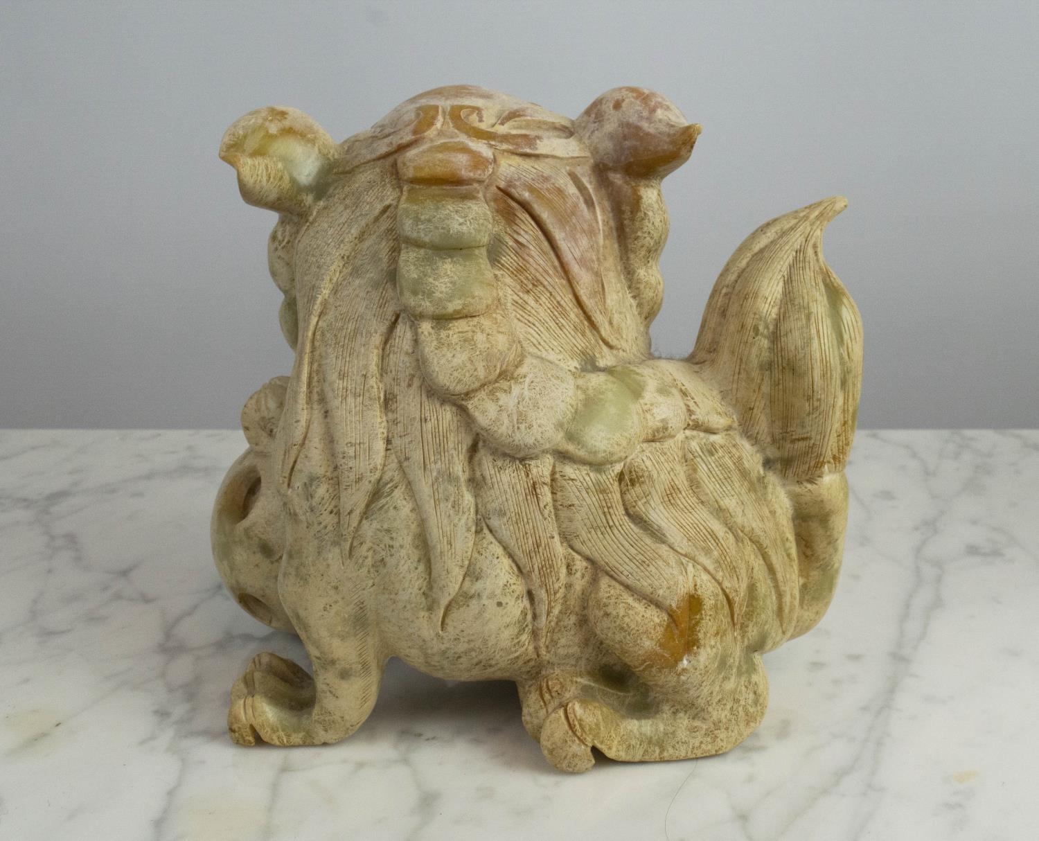 JADIETE TEMPLE LIONS, a pair, each with paw resting on ball, 20cm x 20cm H. (2) - Image 4 of 8