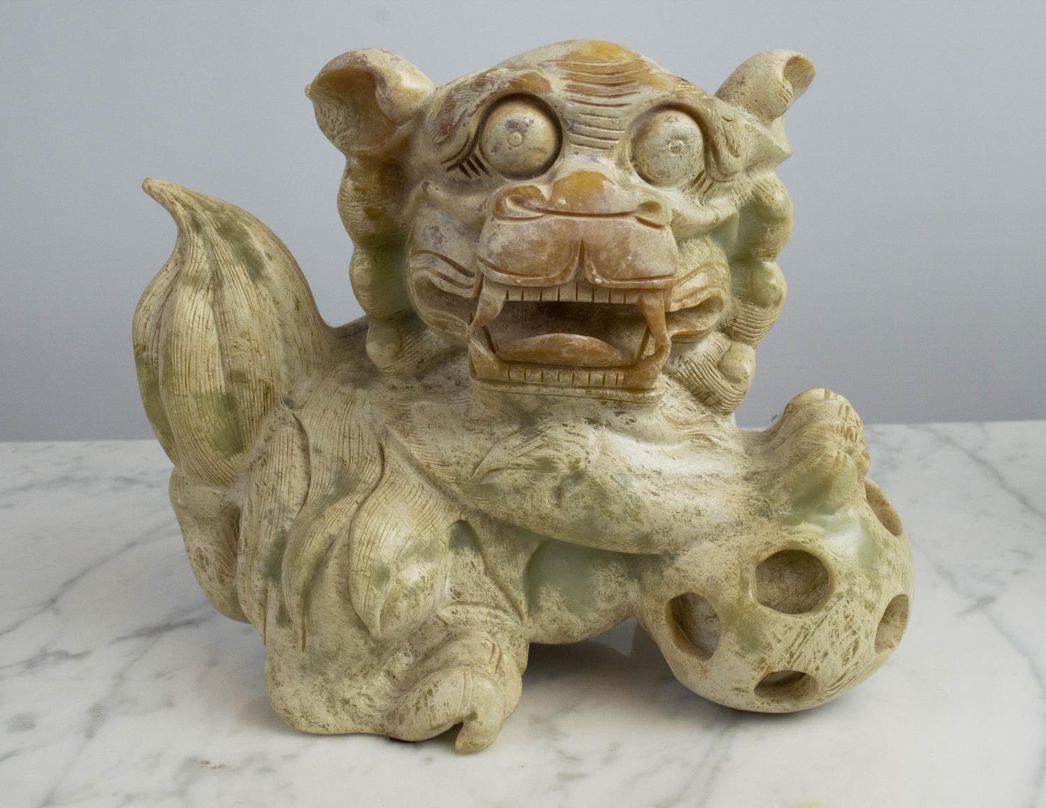 JADIETE TEMPLE LIONS, a pair, each with paw resting on ball, 20cm x 20cm H. (2) - Image 2 of 8