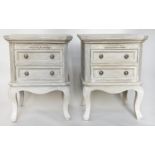 BEDSIDE CHESTS, a pair, French Louis XV style traditionally grey painted each with two drawers and