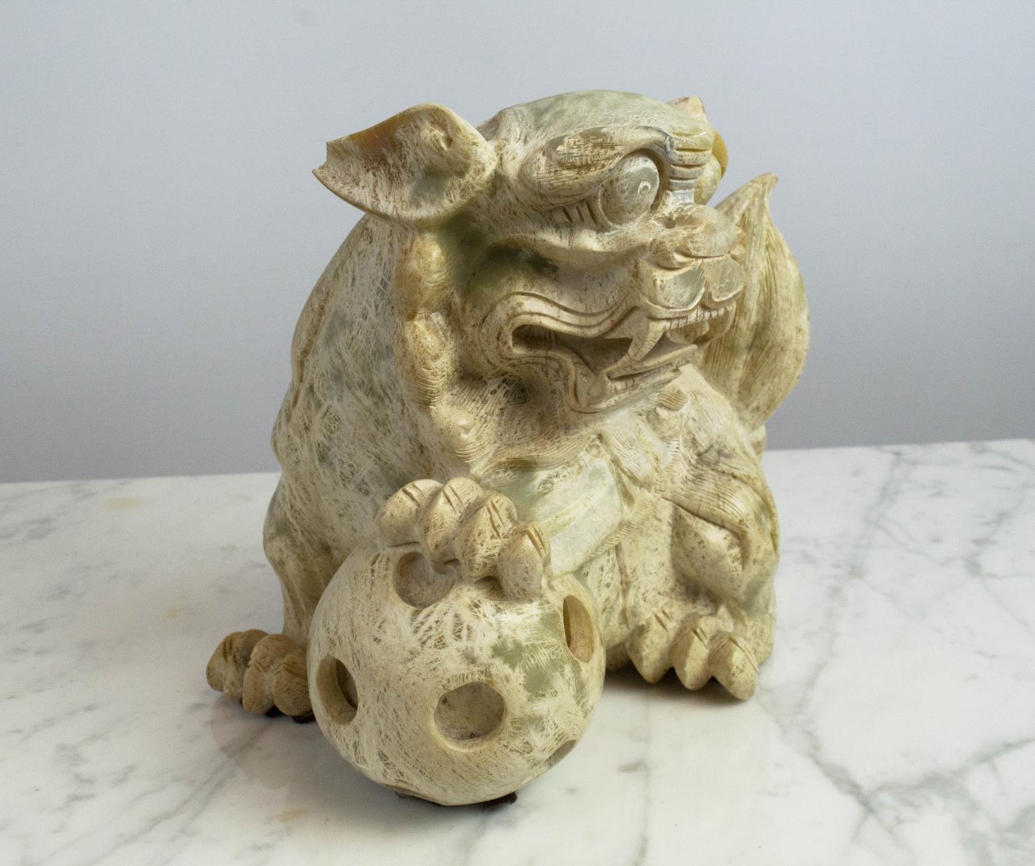 JADIETE TEMPLE LIONS, a pair, each with paw resting on ball, 20cm x 20cm H. (2) - Image 6 of 8
