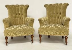 ARMCHAIRS, a pair, Victorian walnut with two tone foliate cut velvet upholstery, buttoned back,