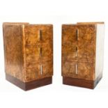 ART DECO CHESTS, a pair, burr walnut each with three drawers and chrome handles, 36cm W x 48cm D x