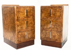 ART DECO CHESTS, a pair, burr walnut each with three drawers and chrome handles, 36cm W x 48cm D x