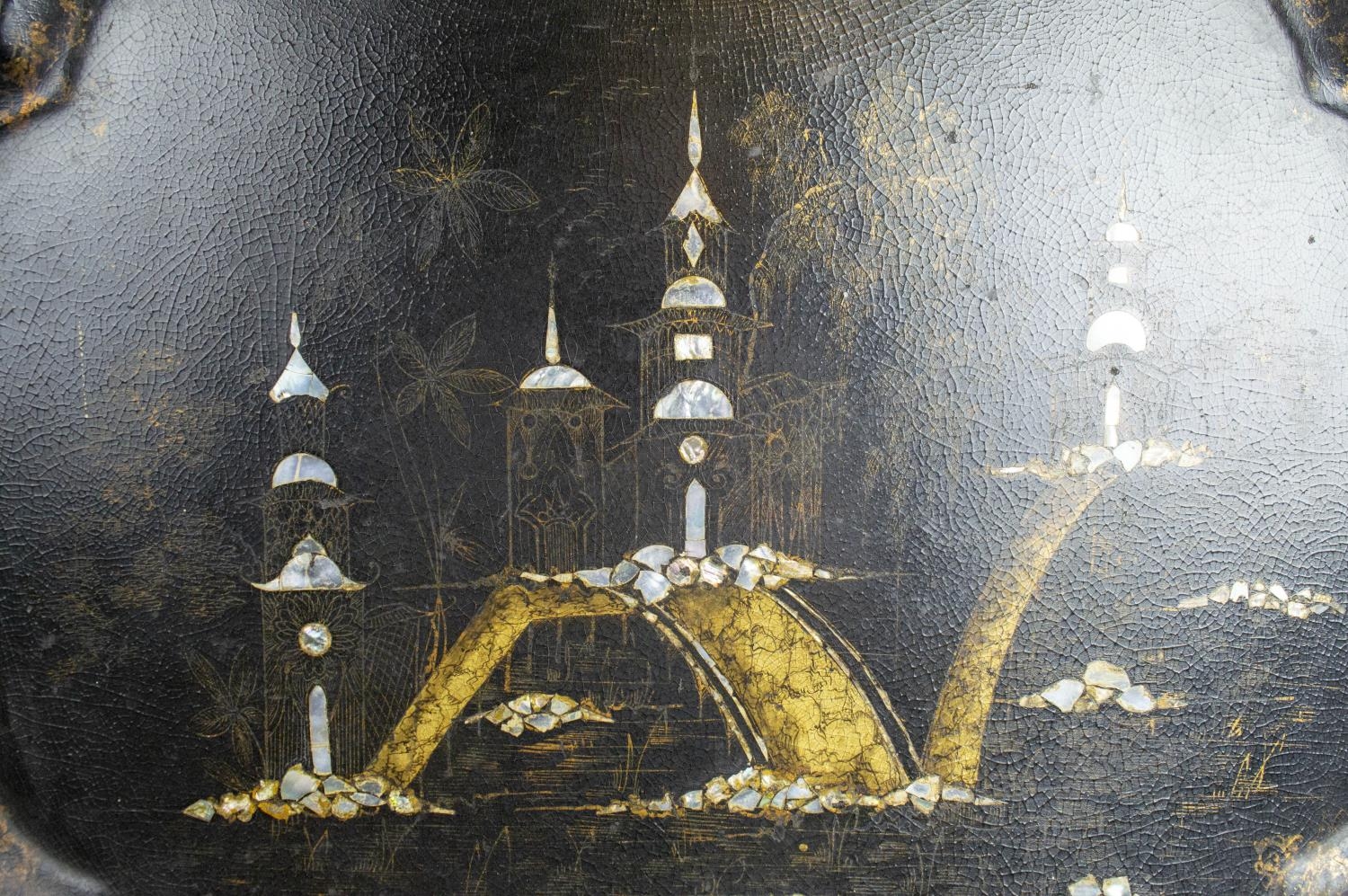 VICTORIAN JAPANNED LACQUER TRAY, pagoda scene, with mother of pearl inlay, 77cm L x 58cm W. - Image 3 of 4