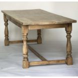 REFECTORY TABLE, vintage bleached oak with cleated rectangular planked top and stretchered turned