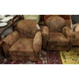 ARMCHAIRS, pair, in the Art Deco style, brown leather, 80cm H x 80cm W x 85cm D. (2)