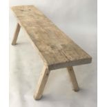 BENCH, 19th century French Provincial pine rectangular thick top with splay supports, 216cm W x 60cm