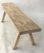 BENCH, 19th century French Provincial pine rectangular thick top with splay supports, 216cm W x 60cm