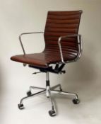REVOLVING DESK CHAIR, Charles and Ray Eames inspired with ribbed mid brown leather, revolving and