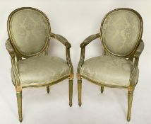 FAUTEUILS, a pair, French Louis XVI style green and parcel gilt with brocade upholstery, 58cm W. (2)
