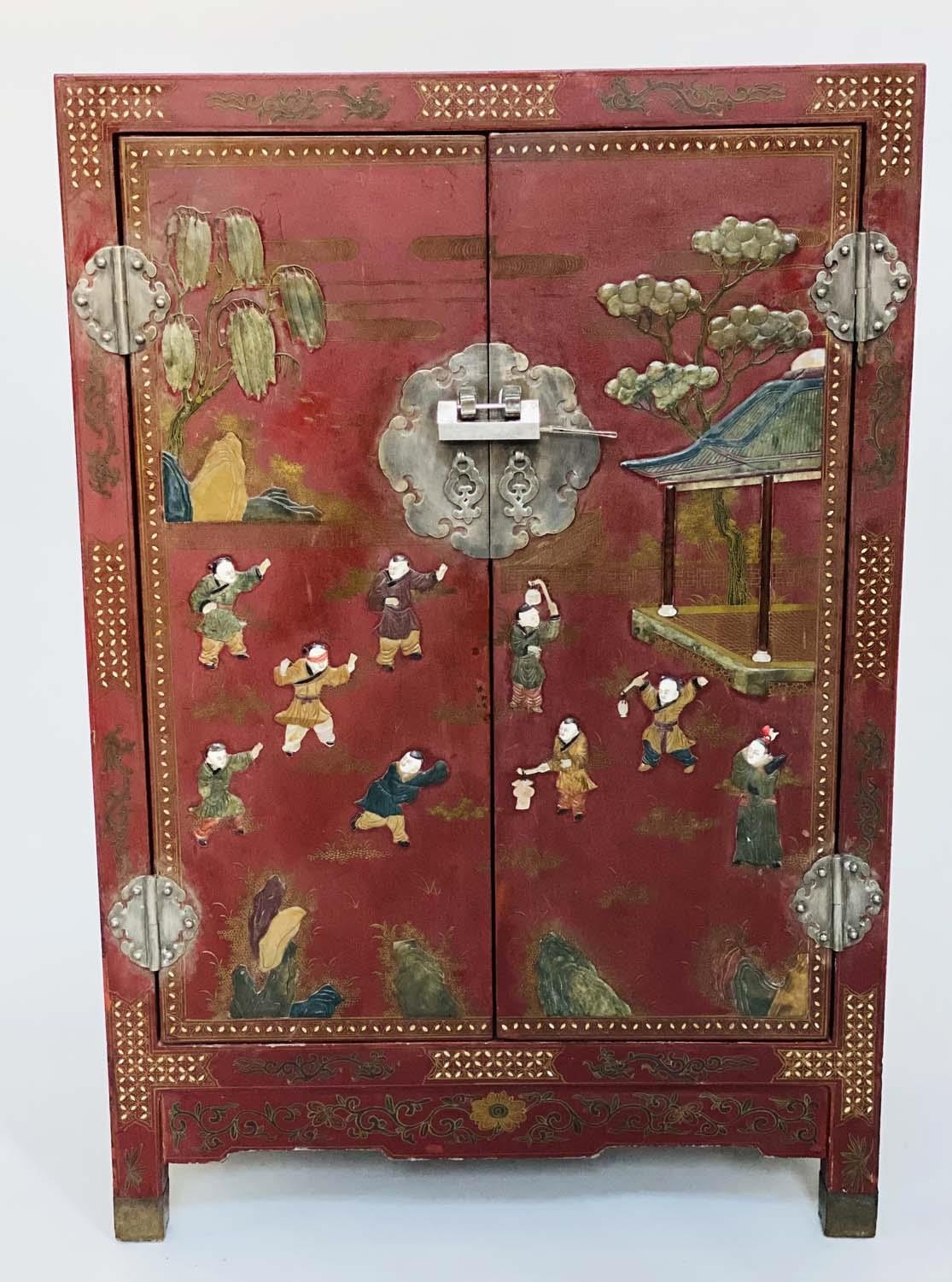 CHINESE SIDE CABINET, early 20th century scarlet lacquered and silvered metal with figures in