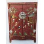 CHINESE SIDE CABINET, early 20th century scarlet lacquered and silvered metal with figures in