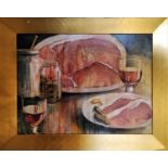 20TH CENTURY SCHOOL 'Still Life, Ham Pickles and Wine', oil on canvas, 90cm x 120cm, framed.
