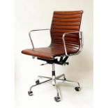 REVOLVING DESK CHAIR, Charles and Ray Eames inspired with ribbed tan leather seat revolving and