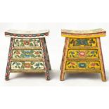 TIBETAN STOOLS, two polychrome panelled each with splayed supports and three drawers, 44cm W x