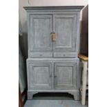 CABINET, 107cm W x 186H x 46cm D, 19th century and later distressed blue painted in two parts with