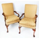 ARMCHAIRS, 100cm H x 61cm W, a pair, Georgian style in patterned brown upholstery. (2)