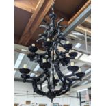 CHANDELIER, sixteen branch, black glass design.