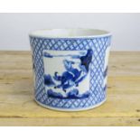 CHINESE BRUSH POT, Kangxi style, blue and white decorated with figural scenes, 16cm H x 19cm D.