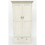 ARMOIRE, French style traditionally grey painted with two panelled doors enclosing hanging and above
