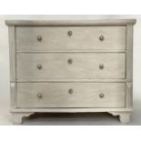 COMMODE, 19th century French traditionally grey painted with three long drawers and bracket