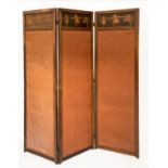 SCREEN, three fold early 20th century Dutch oak panelled and terracotta hessian upholstered, each