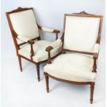 FAUTEUILS, 99cm H x 66cm W, a pair, circa 1880, French walnut in old calico. (2)