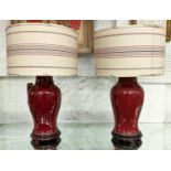 SANG DE BOEUF TABLE LAMPS, pair, Ralph Lauren fabric shades, 66cm H x 44cm D. (2)