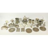COLLECTION OF SILVER PLATED ITEMS, comprising candelabra, tea service trays, dishes, punch cups,