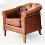 CLUB ARMCHAIR, mid brown tan leather with rounded deep button upholstered back, 78cm W.
