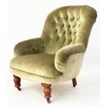 ARMCHAIR, Victorian moss green velvet with button upholstered back and turned supports, 72cm W.