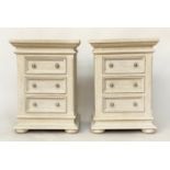 BEDSIDE CHESTS, a pair, French style traditionally grey painted, each with three drawers, 45cm x