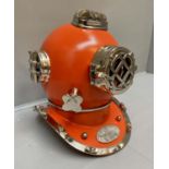 DISPLAY DIVING HELMET, decorative reproduction US Navy design, lacquered orange finish, 46cm x