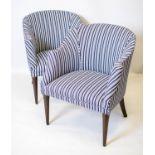 TUB CHAIRS, 80cm H x 67cm W, a pair, mahogany, in blue and white striped material. (2)