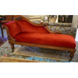 CHAISE LONGUE, 89cm H x 182cm W x 59cm W, Victorian mahogany, circa 1870, in red velour on castors.