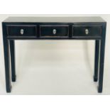 CHINESE HALL/CONSOLE TABLE, black lacquered and silvered metal mounted with three frieze drawers,