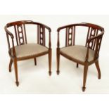 ARMCHAIRS, a pair, early 20th century Edwardian mahogany with pierced enclosed backs and studded