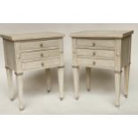 BEDSIDE CHESTS, a pair, French Louis XVI design grey painted each with three drawers and silvered