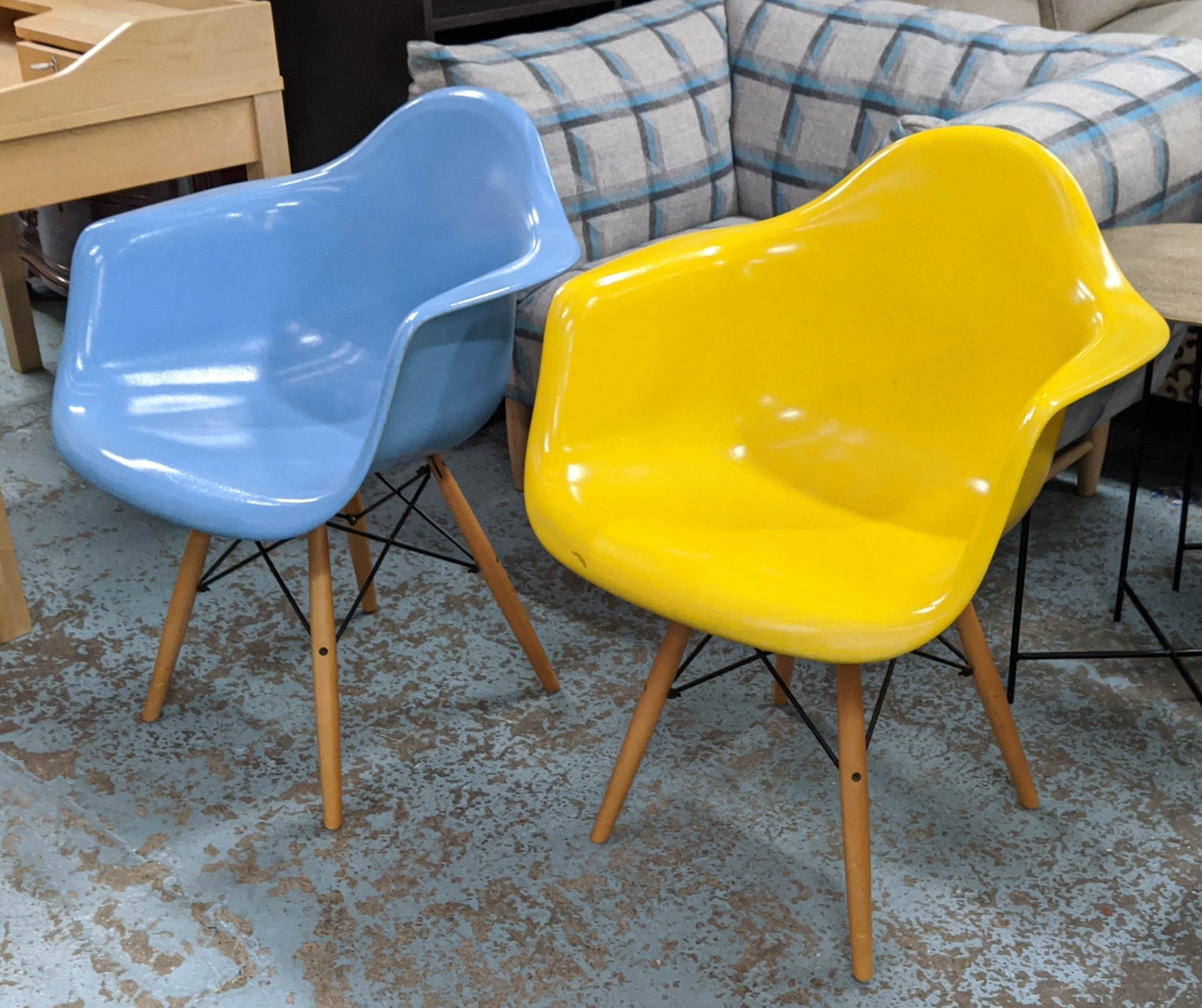 AFTER CHARLES AND RAY EAMES DAW STYLE CHAIRS, a set of two, differing colours, 80cm H. (2)