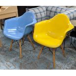 AFTER CHARLES AND RAY EAMES DAW STYLE CHAIRS, a set of two, differing colours, 80cm H. (2)