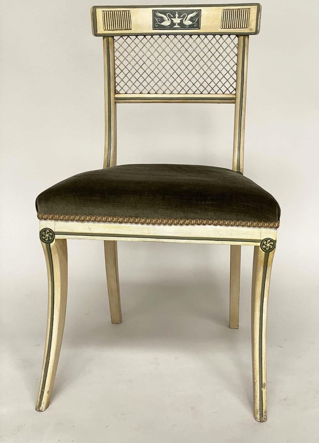 DINING CHAIRS, a set of six, Regency style painted with arch bowed backs and green velvet - Image 4 of 7