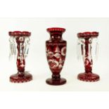 LUSTRE & VASE SET, comprising a pair of cranberry glass flash cut lustres with clear glass