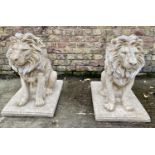 SCULPTURAL LIONS, 67cm high, 42cm wide, 54cm deep, pair, composite stone. (2)