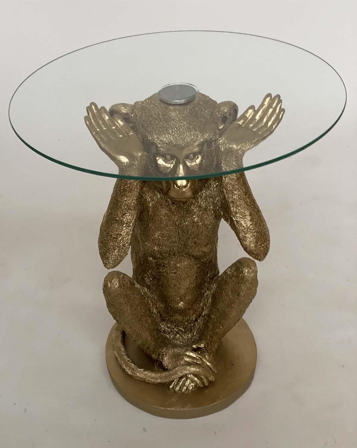 MONKEY MARTINI TABLES, a pair, each with glass top supported by monkey base, 50cm H x 43cm. (2) - Image 4 of 4