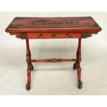 SOFA CARD TABLE, 19th century scarlet Japanned and gilt Chinoiserie decoration, foldover baize lined