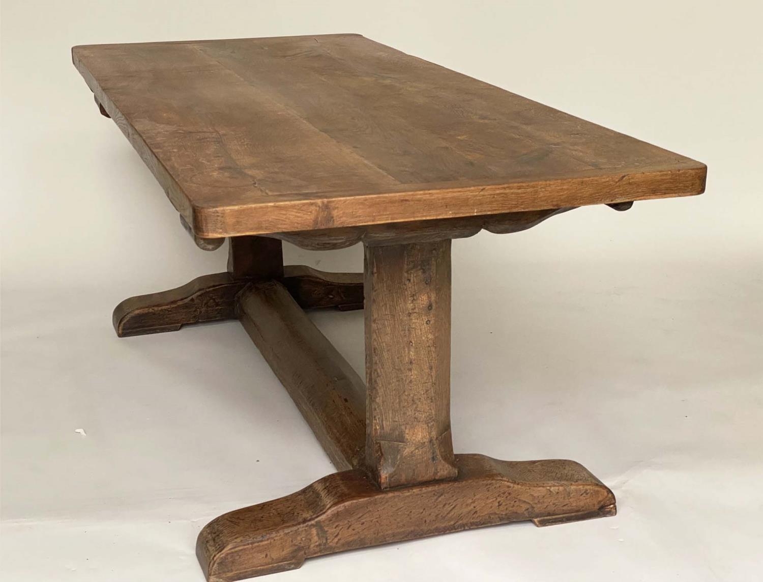 REFECTORY TABLE, antique English oak rectangular cleated on substantial carved trestle and stretcher - Image 4 of 6