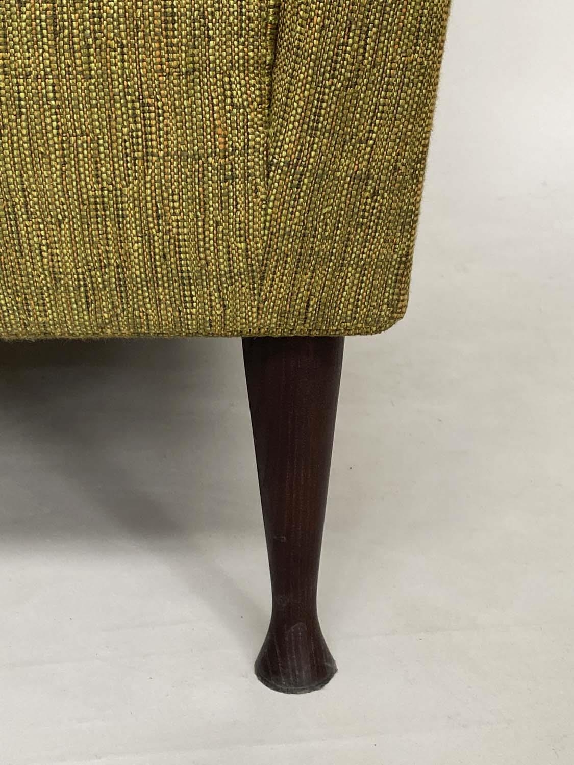 MANNER OF HOWARD KEITH ARMCHAIR, vintage 60s with wing back angular arms and green linen weave - Image 3 of 5