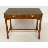 WRITING TABLE, 1970's Campaign style yewwood and brass bound with gilt tooled green leather and